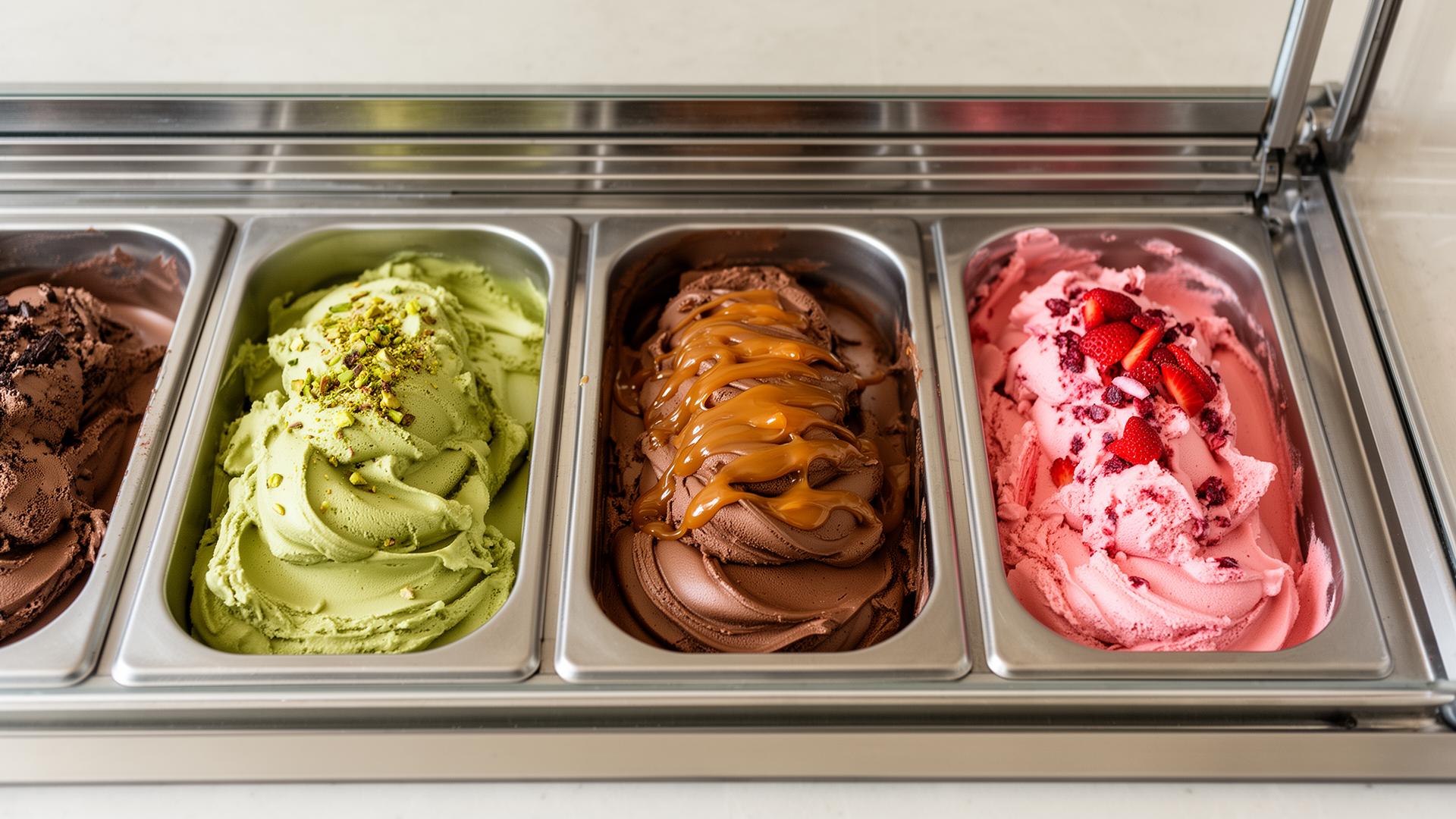 Artisanal gelato display case with pistachio, chocolate, dulce de leche and strawberry