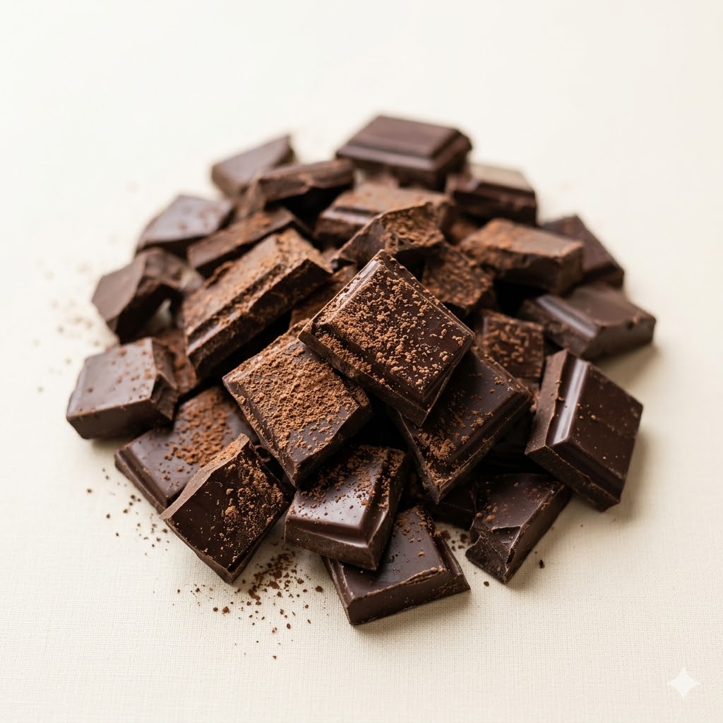 Dark chocolate pieces with cocoa